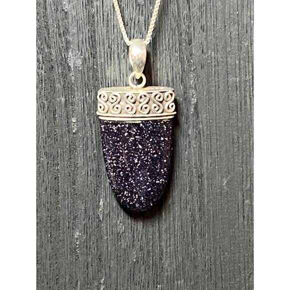 925 Sterling Silver Purple Goldstone Pendant Necklace 20” Box Chain Boho Artisan - Picture 5 of 10